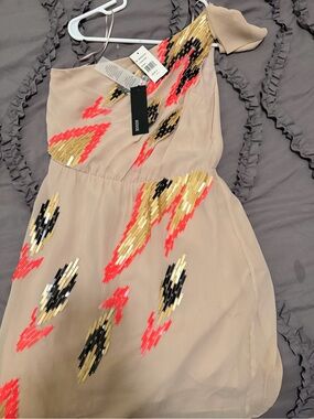 SEDUCE Nude Halter Dress with Coral and Gold Sequin Accents